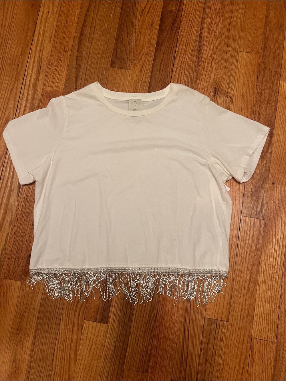 Joie White Short Sleeve Fringe Hem Top